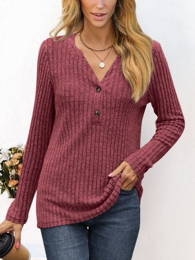 Loose Long Sleeve V Neck Plain Casual Regular T-Shirt