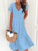 Plus Size Casual Short Sleeve V Neck Plain Midi Dress