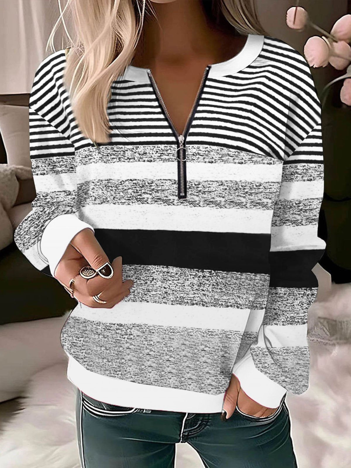 Casual Long Sleeve Crew Neck Striped Zipper Loose Regular Sweatshirt