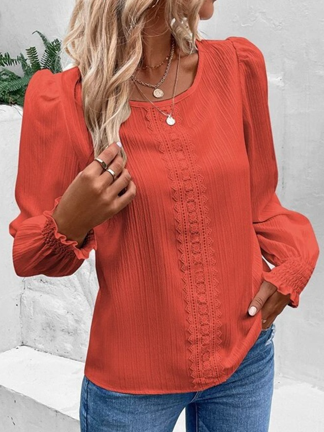 Loose Long Sleeve Crew Neck Plain Casual Regular Blouse