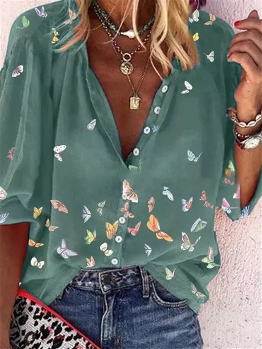 Casual Long Sleeve Shirt Collar Butterfly Loose Regular Shirt