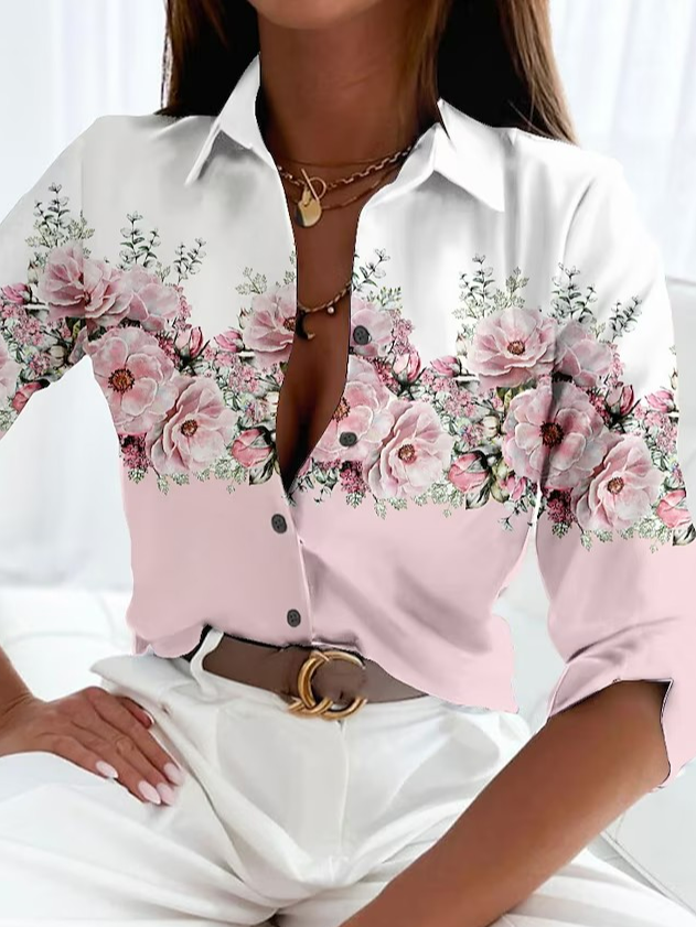 Casual Long Sleeve Shirt Collar Floral Loose Regular Shirt