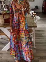 Casual Long Sleeve V Neck Abstract Maxi Dress