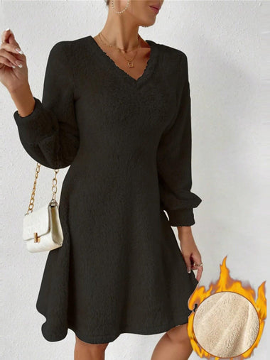 Casual Long Sleeve V Neck Plain Loose Short Dress