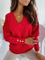 Casual Long Sleeve V Neck Plain Loose Regular Blouse