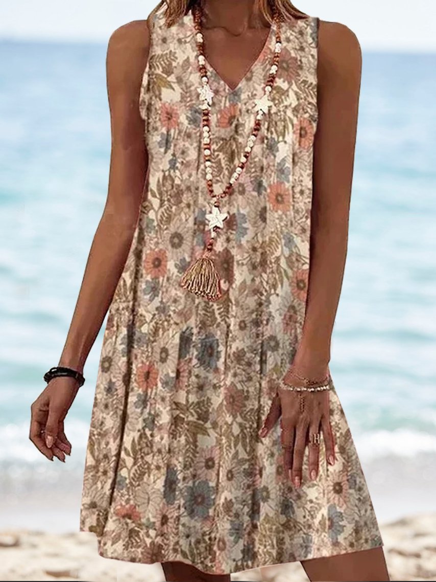 Casual Sleeveless V Neck Floral Pattern Loose Short Dress