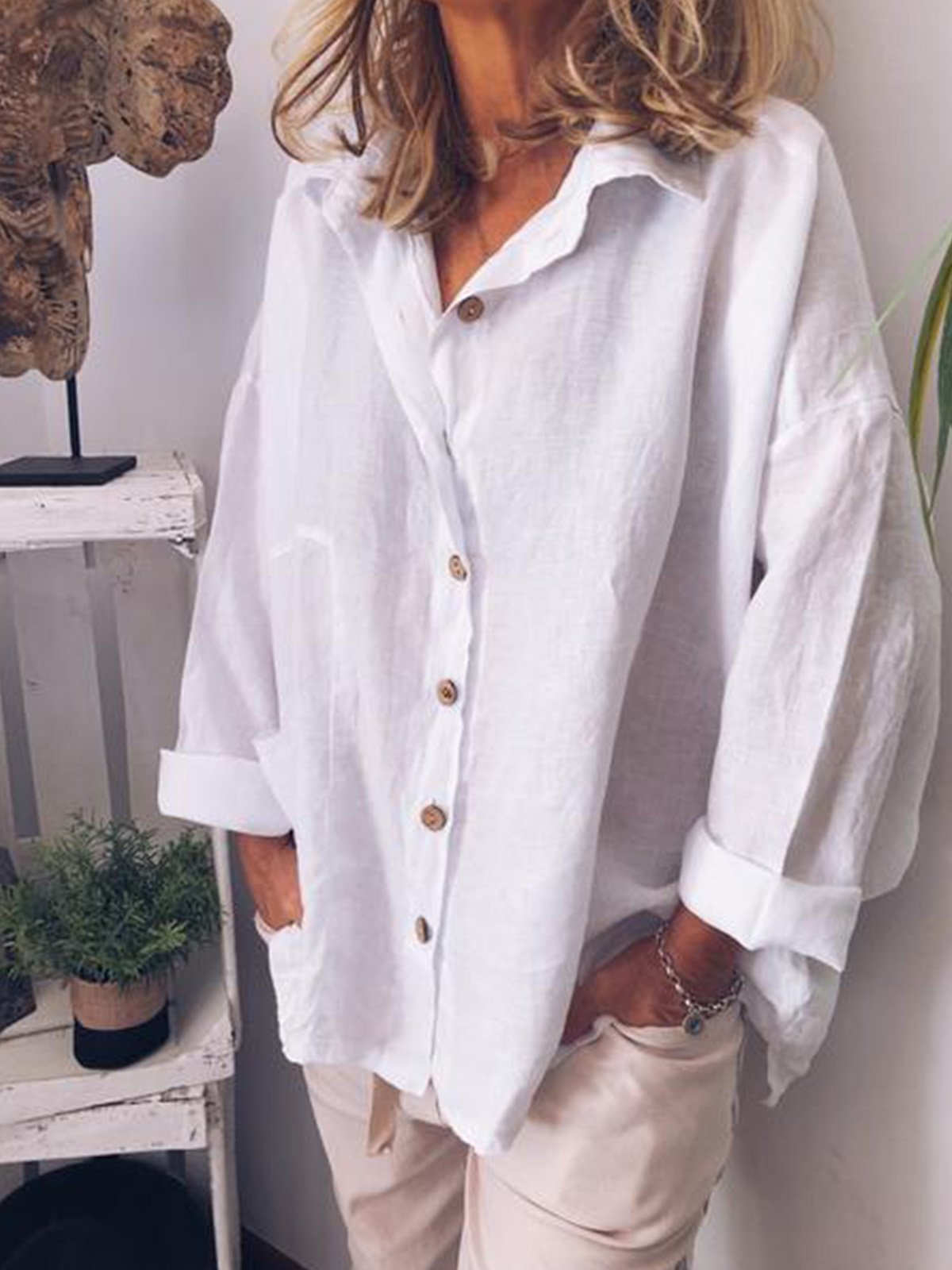 Vacation Long Sleeve V Neck Plain Loose Regular Shirt