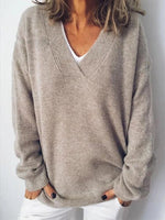 Casual Long Sleeve V Neck Plain Loose Mid-Long Sweater