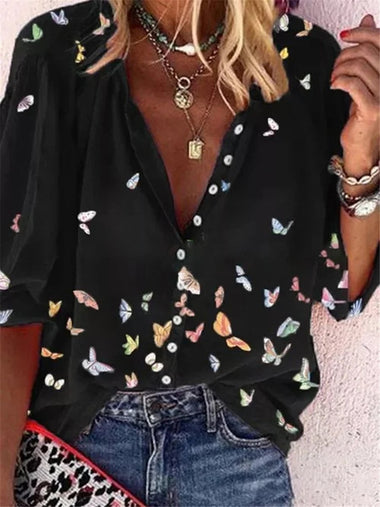 Casual Long Sleeve Shirt Collar Butterfly Loose Regular Shirt