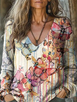 Boho Long Sleeve V Neck Ethnic Loose Regular T-Shirt