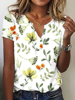 Casual Short Sleeve Notched Floral Loose Regular T-Shirt