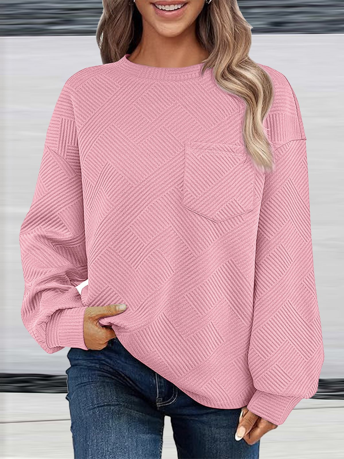 Loose Long Sleeve Crew Neck Plain Casual Regular Sweatshirt