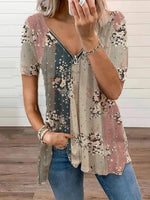 Casual Short Sleeve V Neck Classical Geometry Floral Zipper Loose Regular T-Shirt