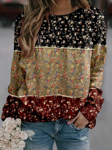 Loose Long Sleeve Crew Neck Floral Zipper Casual Regular Sweatshirt