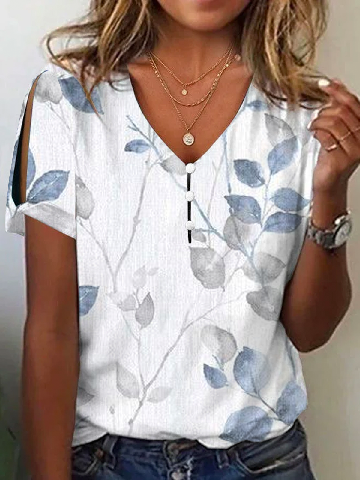 Casual Short Sleeve V Neck Leaf Loose Regular Blouse