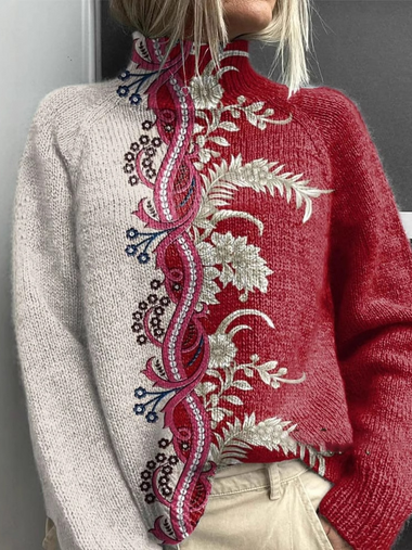 Loose Long Sleeve Turtleneck Floral Casual Regular Sweatshirt