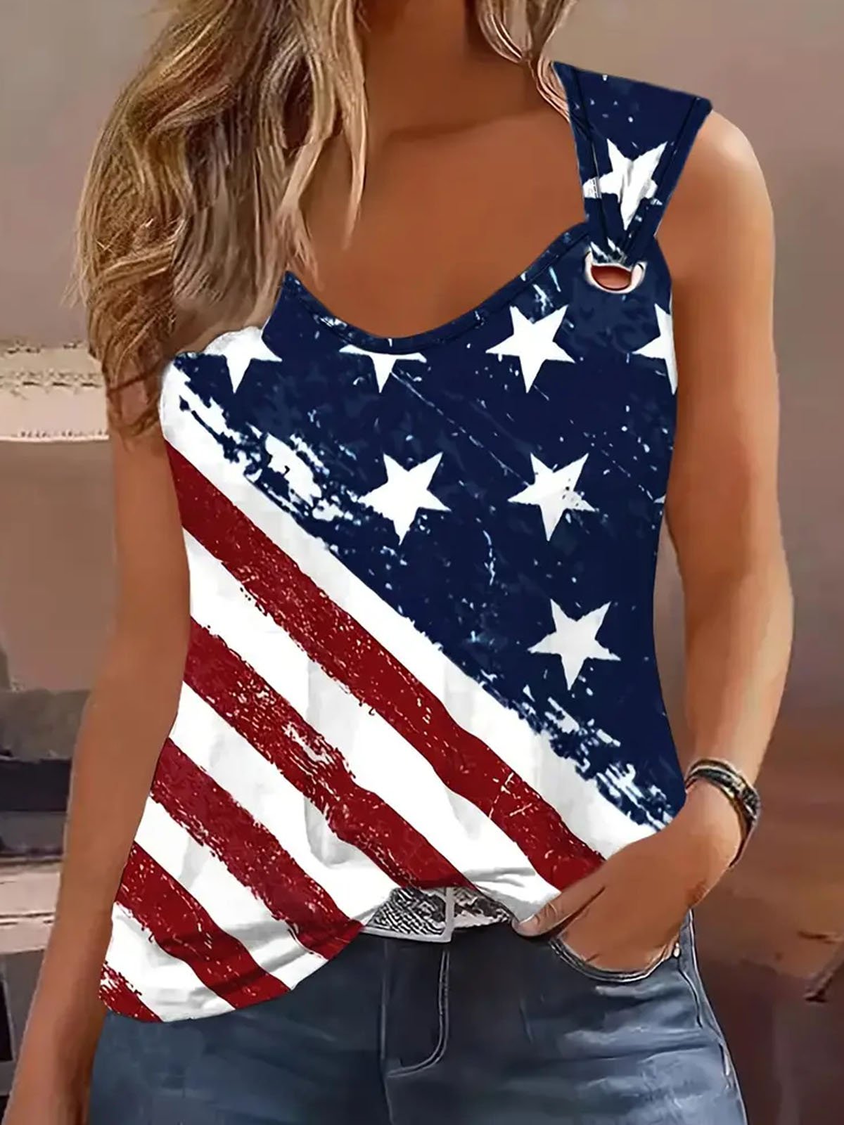 Loose Sleeveless Crew Neck America Flag Casual Regular Tank Top