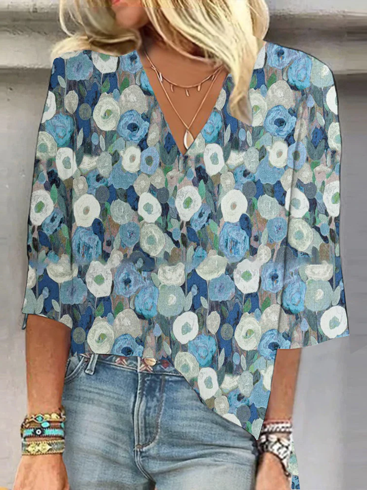 Casual Half Sleeve V Neck Floral Loose Regular Blouse