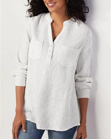 Casual Long Sleeve V Neck Plain Loose Regular Blouse