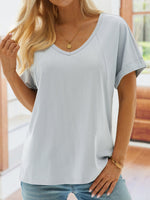 Casual Short Sleeve V Neck Plain Loose Regular T-Shirt