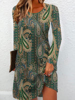 Vintage Long Sleeve Crew Neck Paisley Loose Short Dress