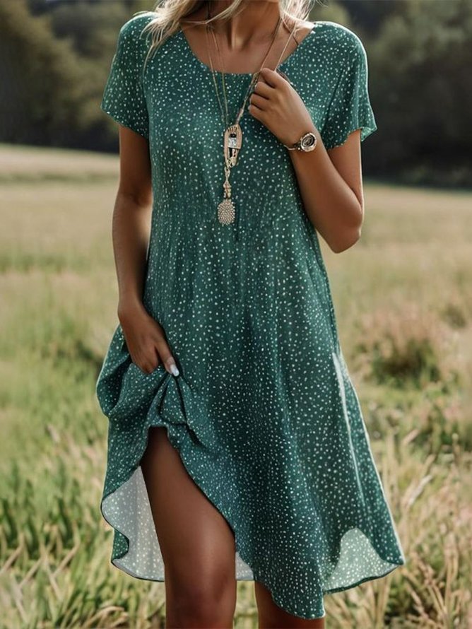 Vacation Short Sleeve Crew Neck Polka Dots Loose Midi Dress