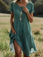 Vacation Short Sleeve Crew Neck Polka Dots Loose Midi Dress