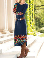 Vintage Long Sleeve Crew Neck Ethnic Geometry Loose Midi Dress