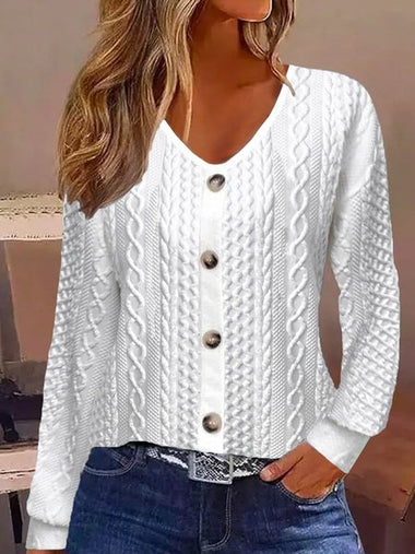 Long Sleeve V Neck Plain Casual Regular Blouse