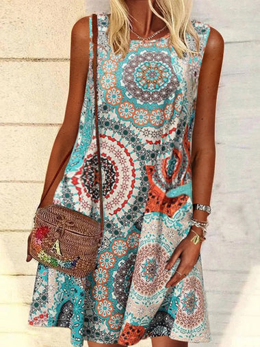 Casual Sleeveless Crew Neck Paisley Short Dress