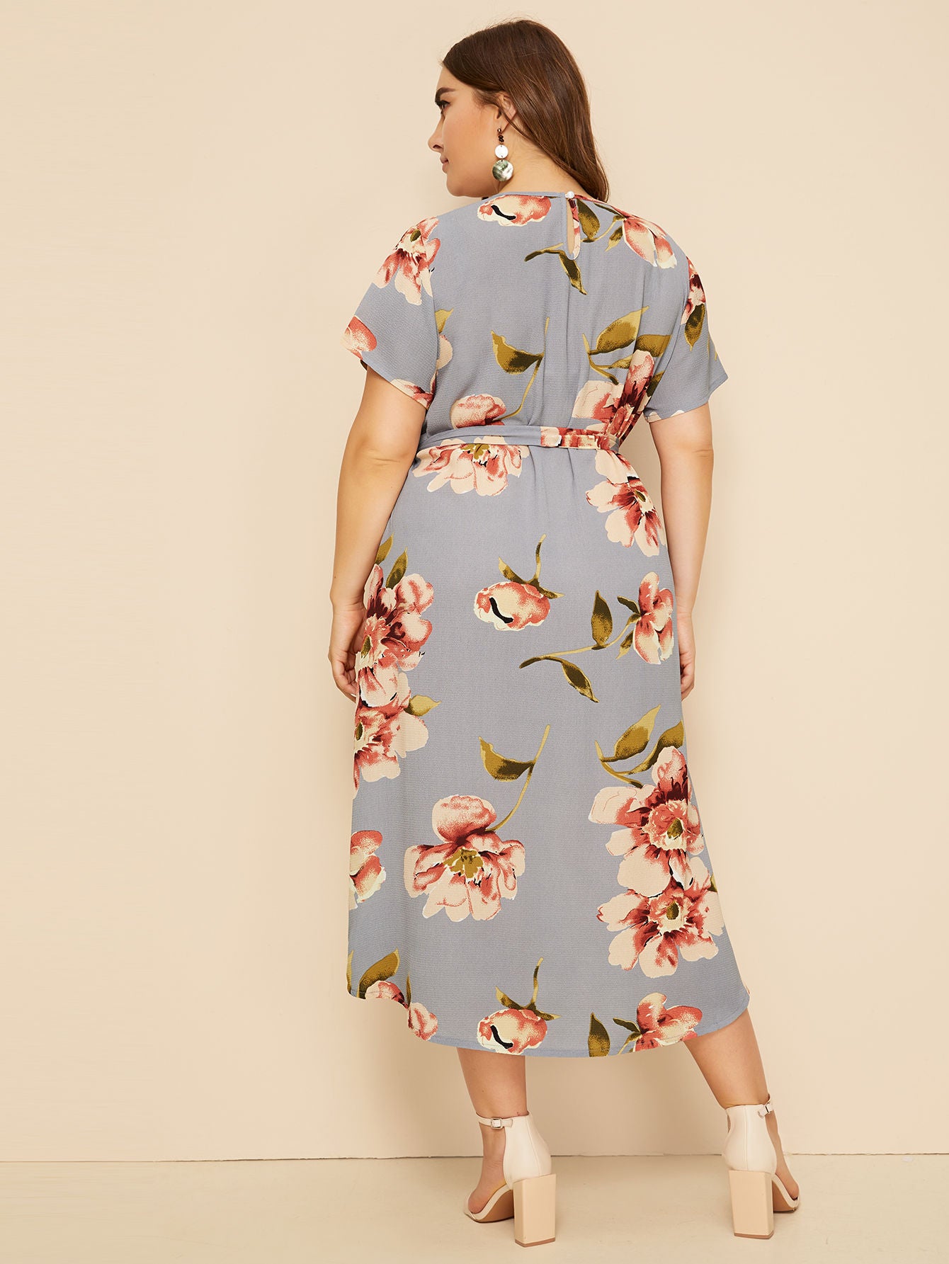 Plus Large Floral Print Belted Dress