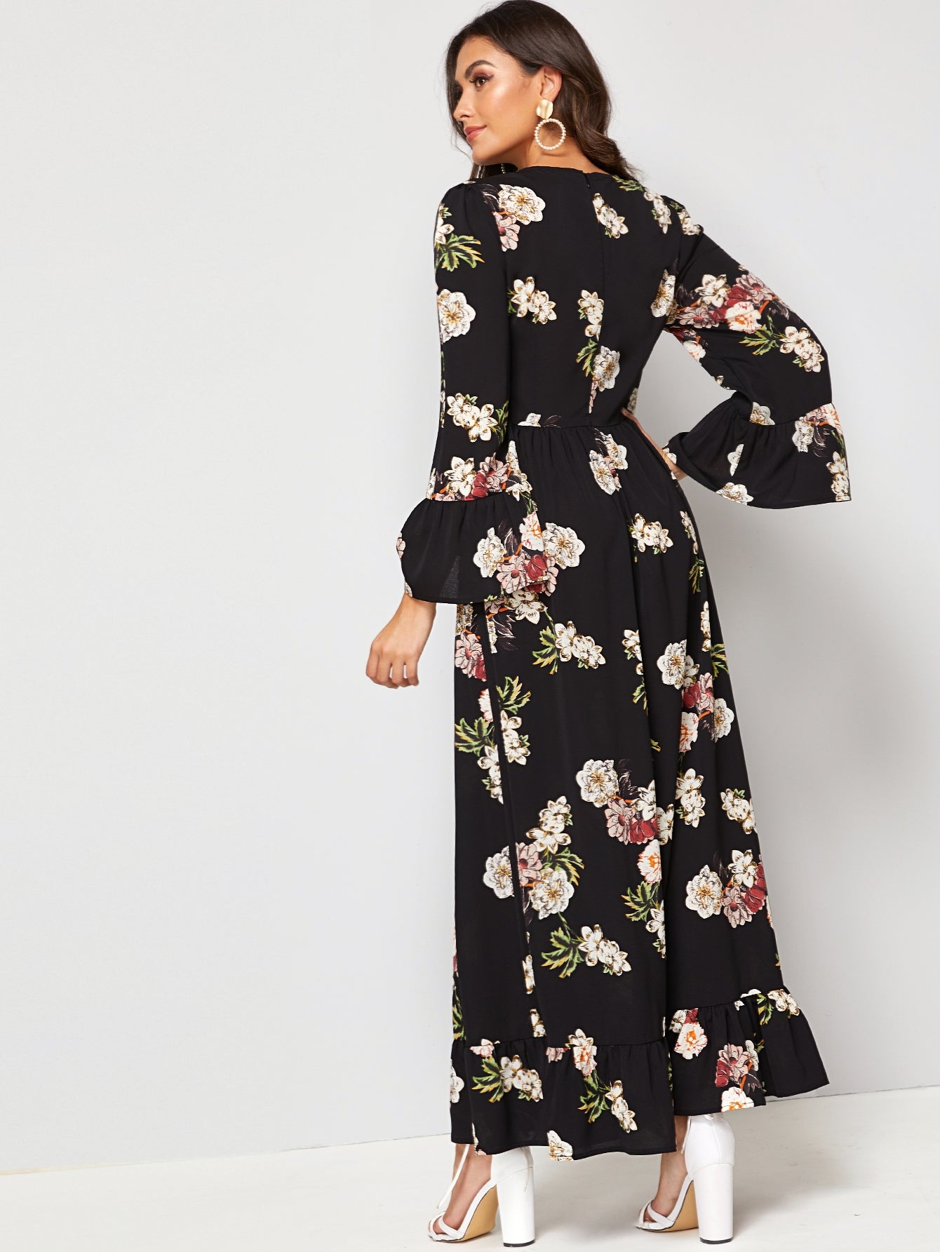 Bell Sleeve Flounce Hem Floral Print Dress