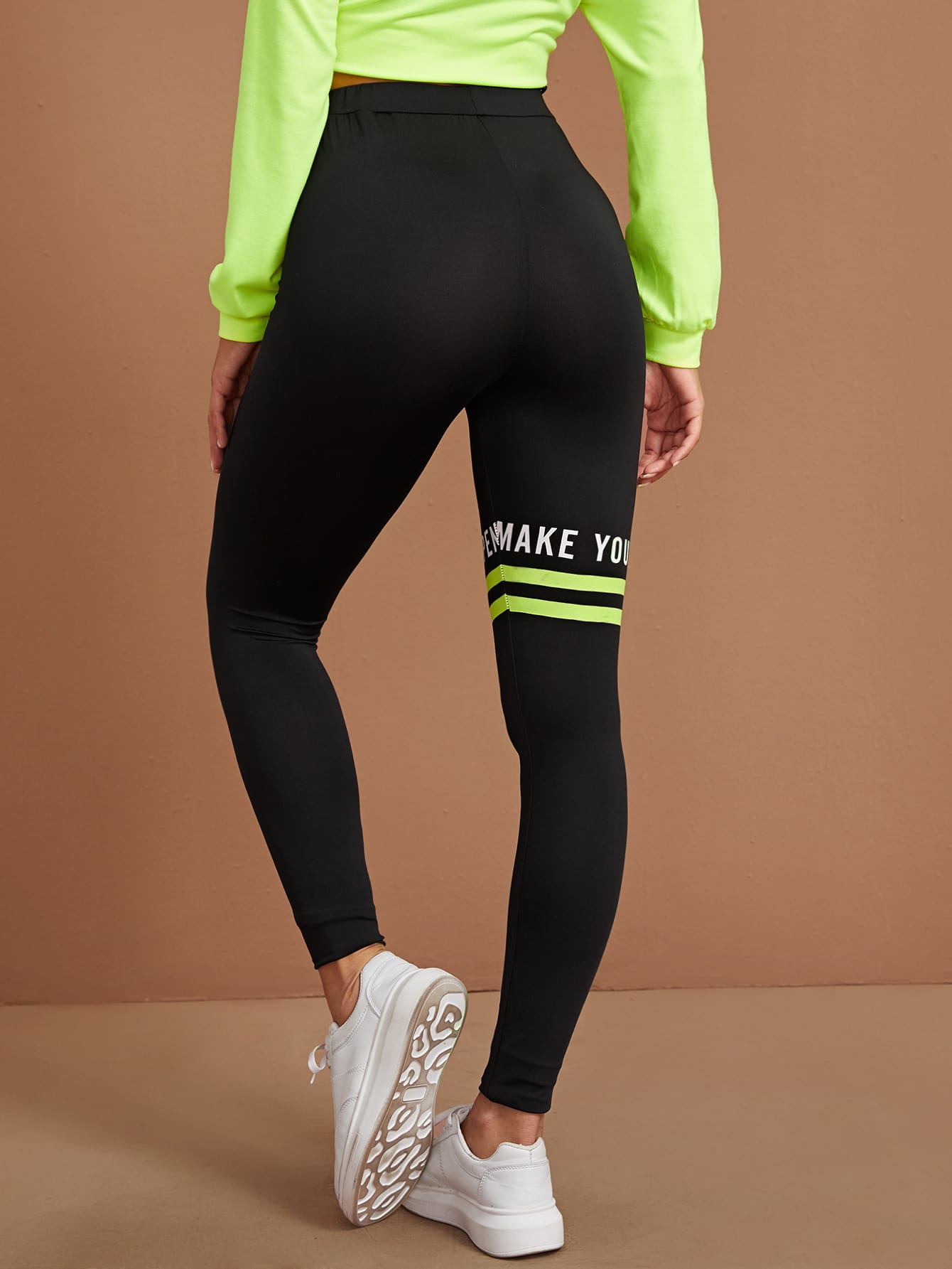 Slogan Graphic Neon Striped Leggings