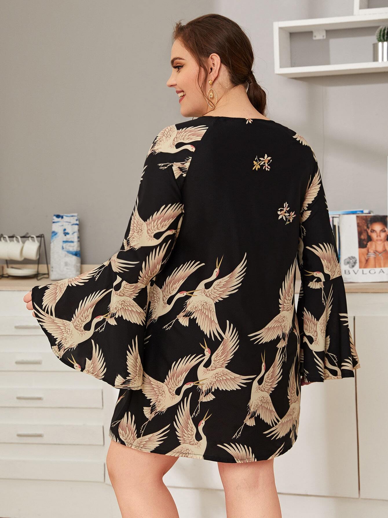 Plus Crane Print Flounce Sleeve Dress