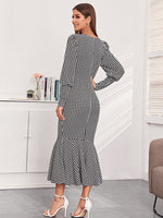 Lantern Sleeve Houndstooth Mermaid Dress