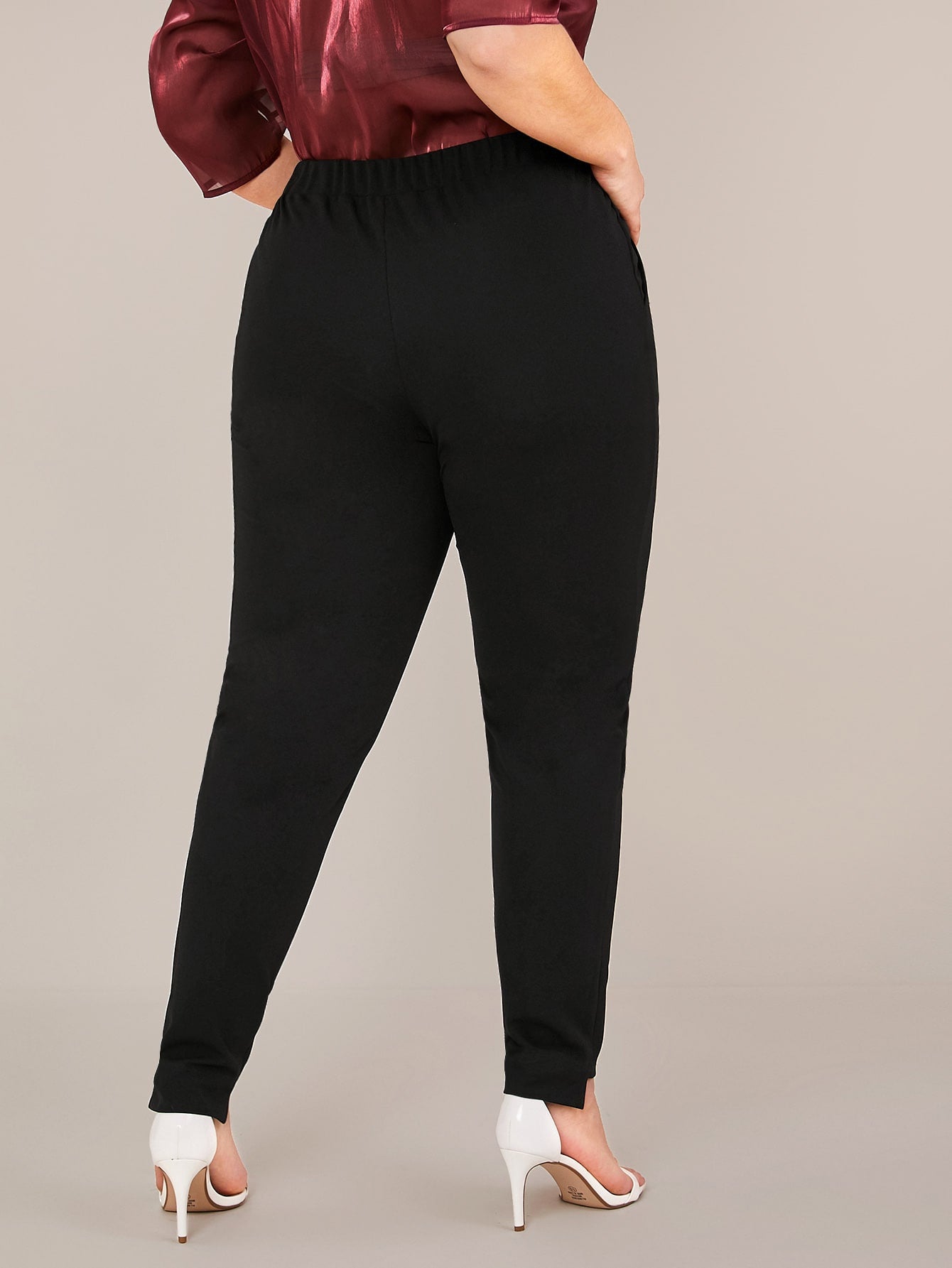 Plus Elastic Waist Slant Pocket High-low Hem Pants