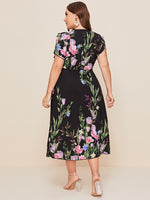 Plus Plunging Neck Petal Sleeve Floral Dress