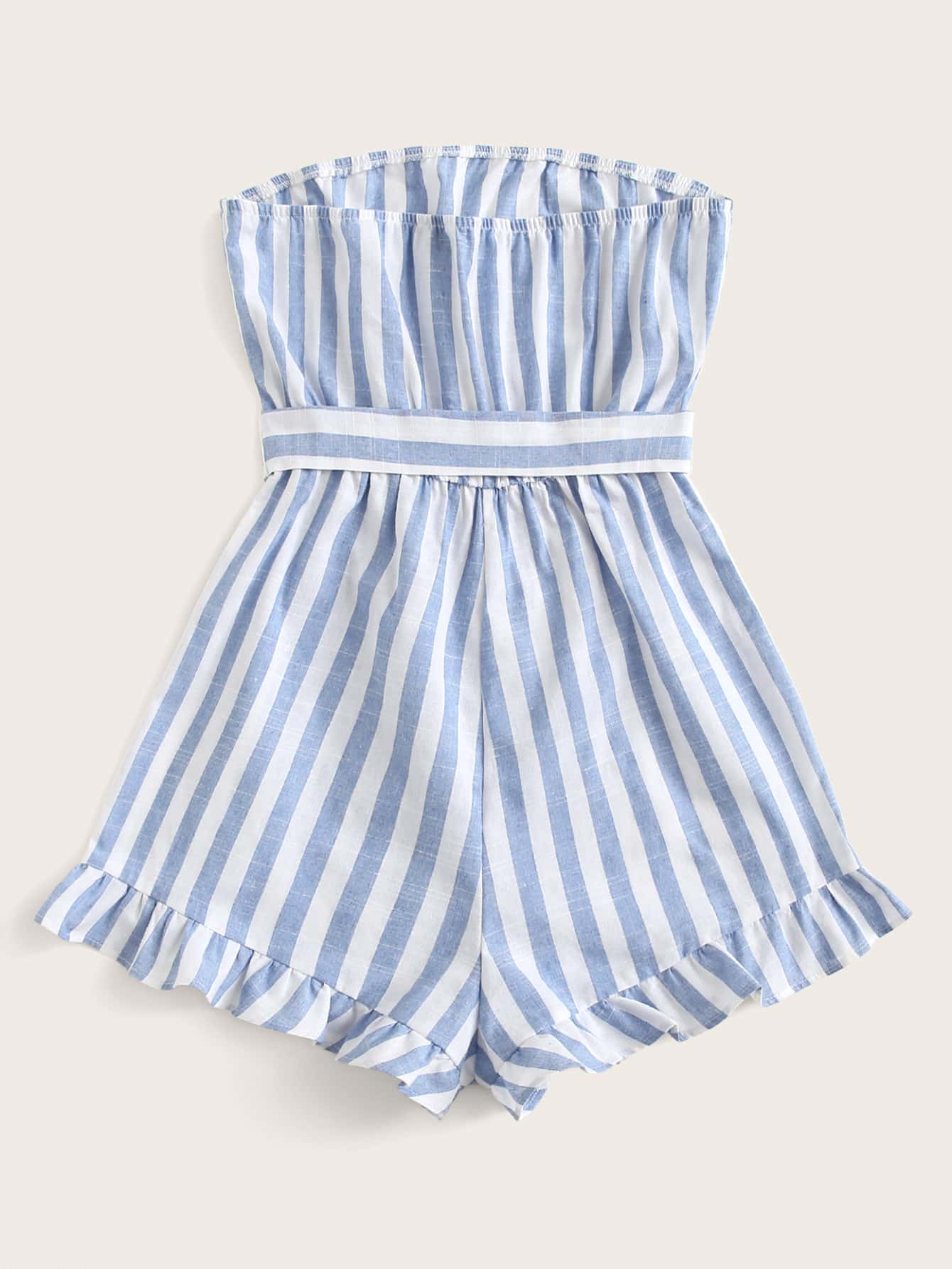 Ruffle Hem Belted Striped Tube Romper