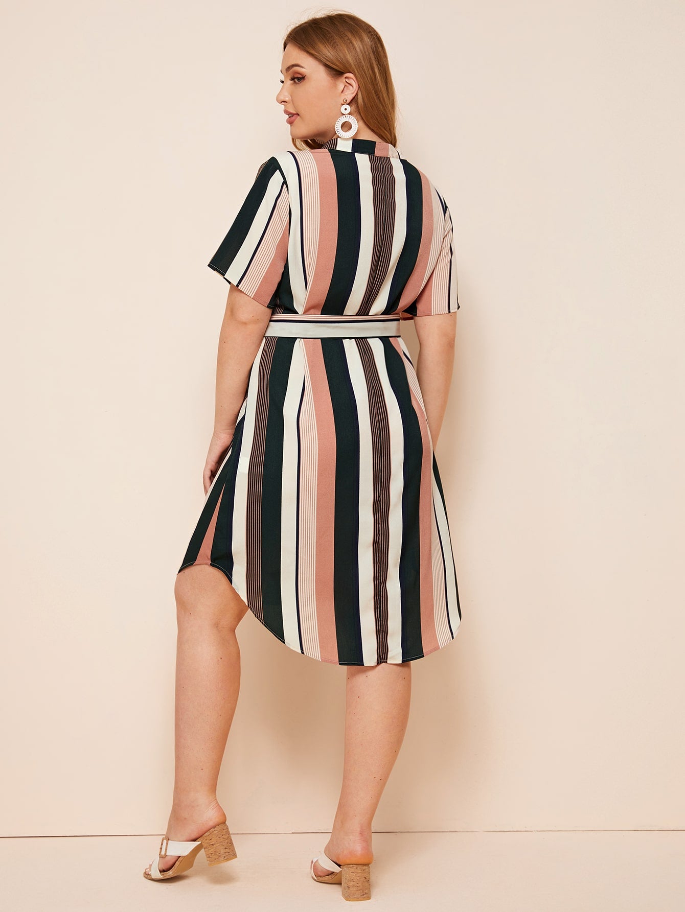 Plus V-neck Curved Hem Belted Striped Dress