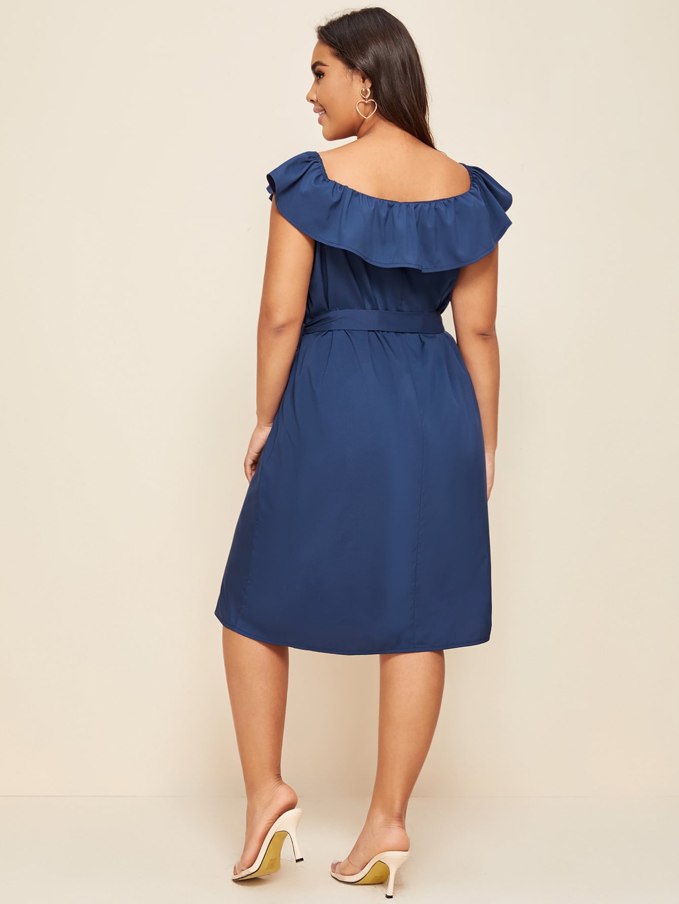 Plus Button Front Ruffle Trim Belted Dress