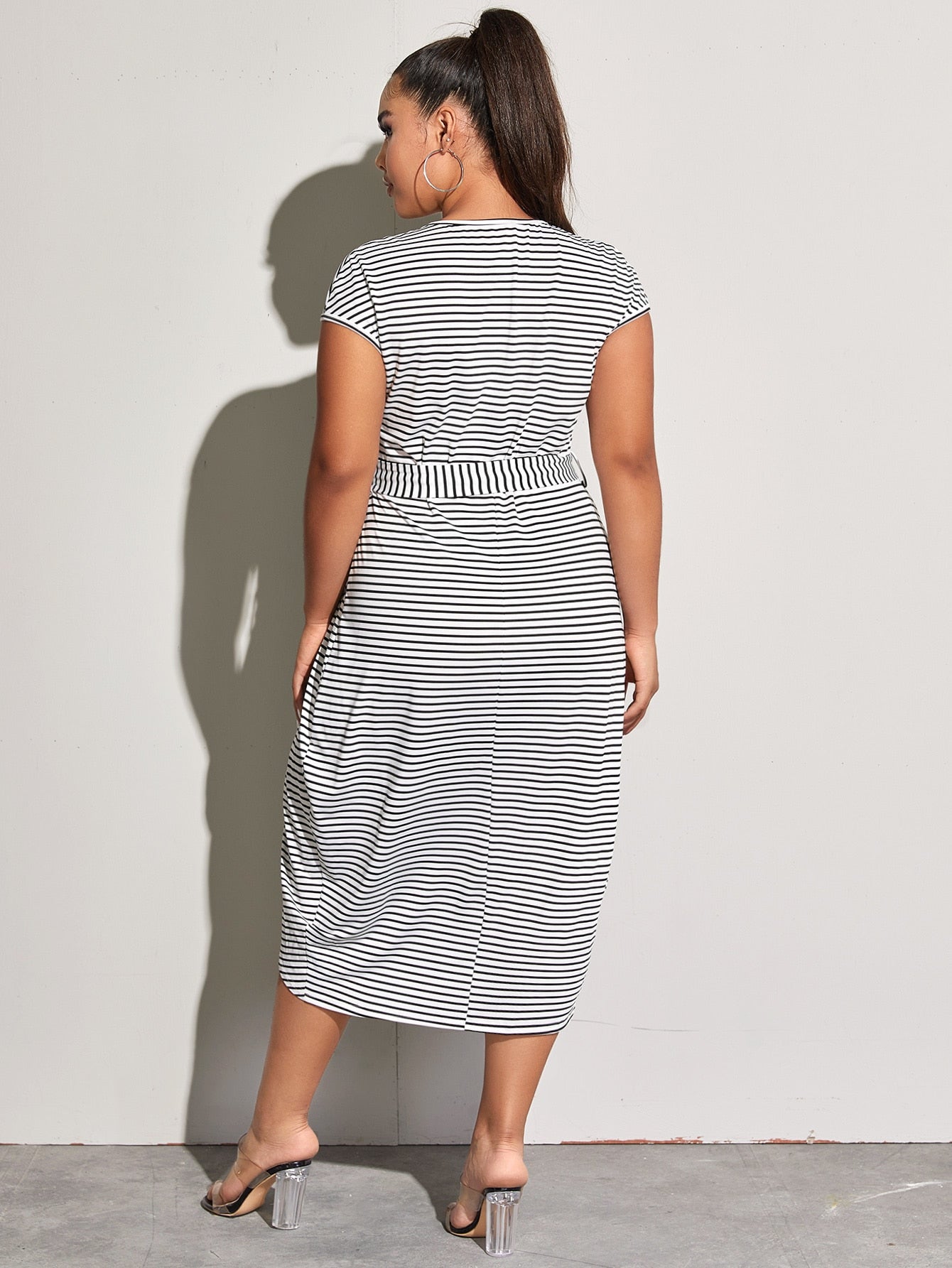 Plus Tulip Hem Stripe Belted Dress