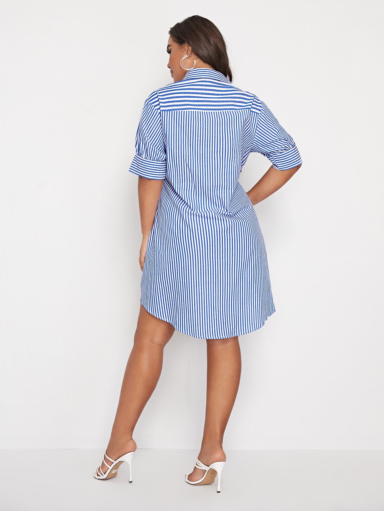 Plus Collared Buttoned Front Striped Dress Without Belt