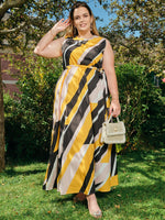 Plus Color Block Geo Belted Maxi Dress