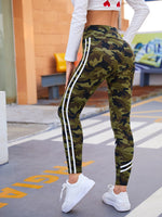 Wide Waistband Striped Tape Side Camo Leggings