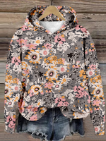 Loose Long Sleeve Hoodie Floral Zipper Casual Regular Sweatshirt