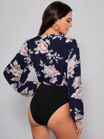 Floral Print Surplice Neck Lantern Sleeve Bodysuit