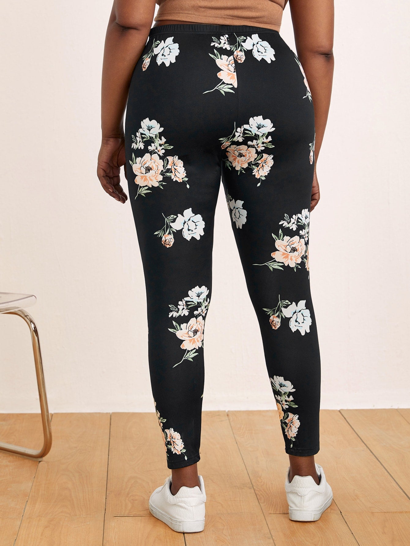 Plus Elastic Waist Floral Print Leggings