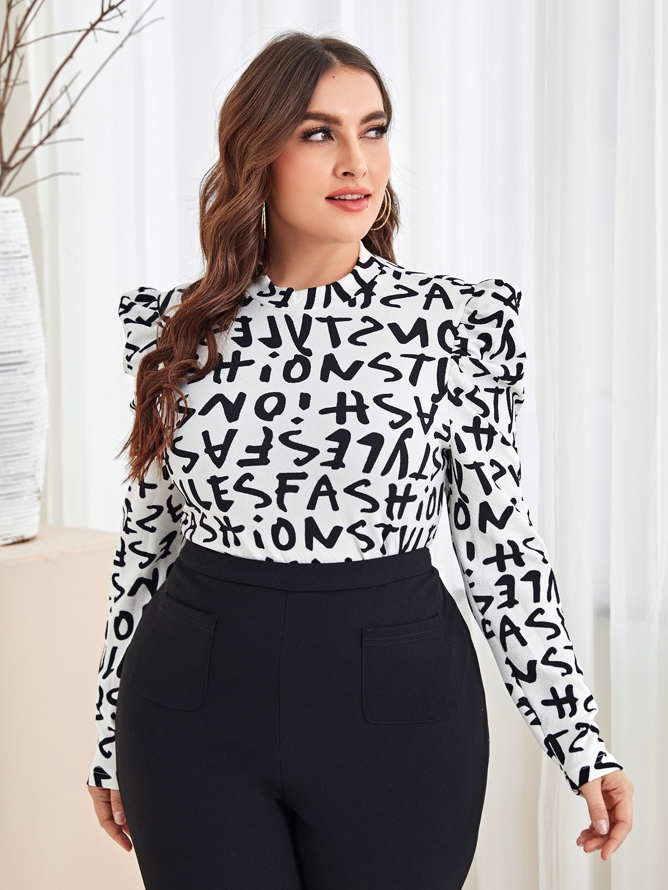 Plus Mock Neck Gigot Sleeve Letter Graphic Top