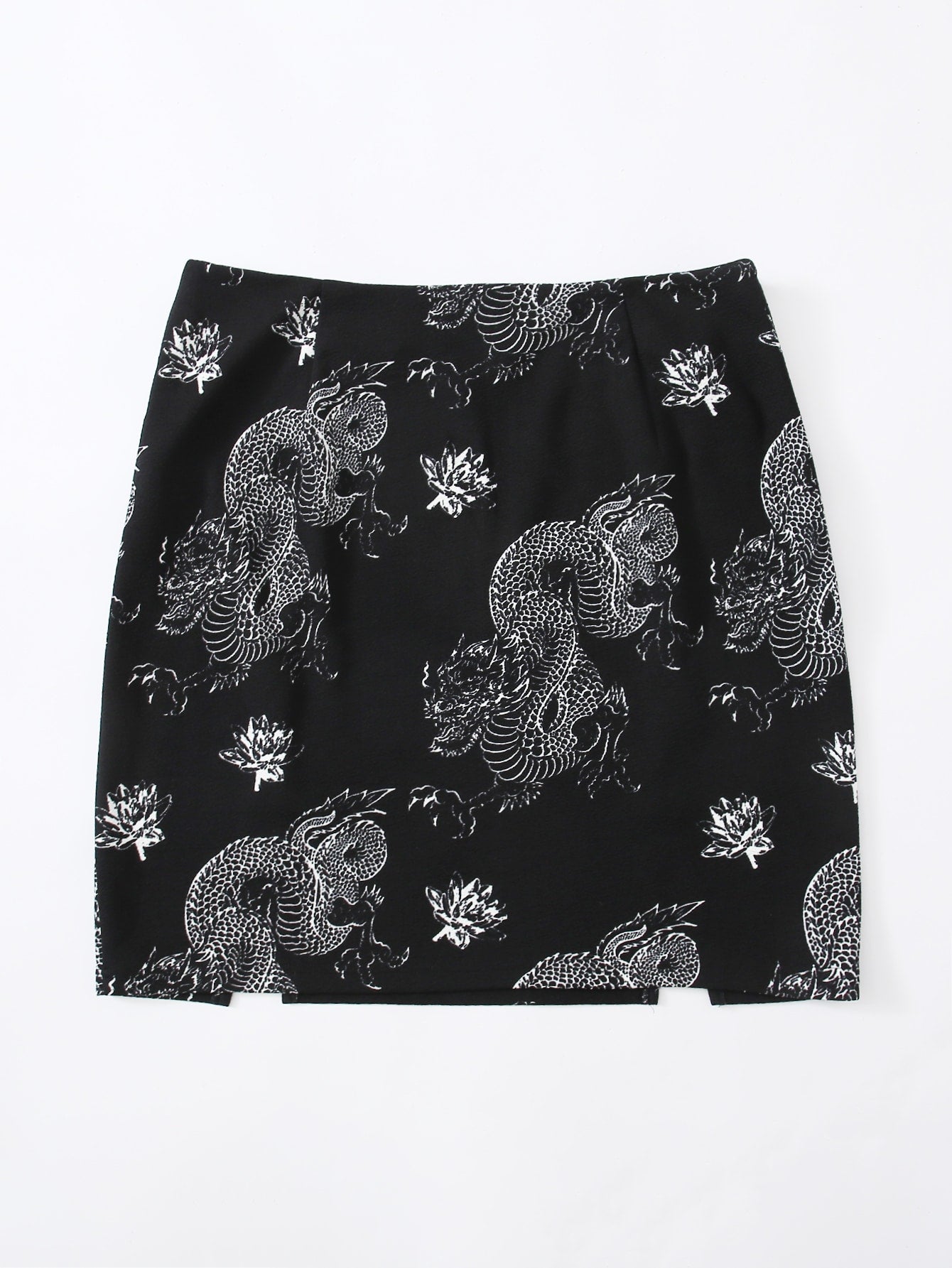 Plus M-slit Hem Chinese Dragon and Floral Print Skirt