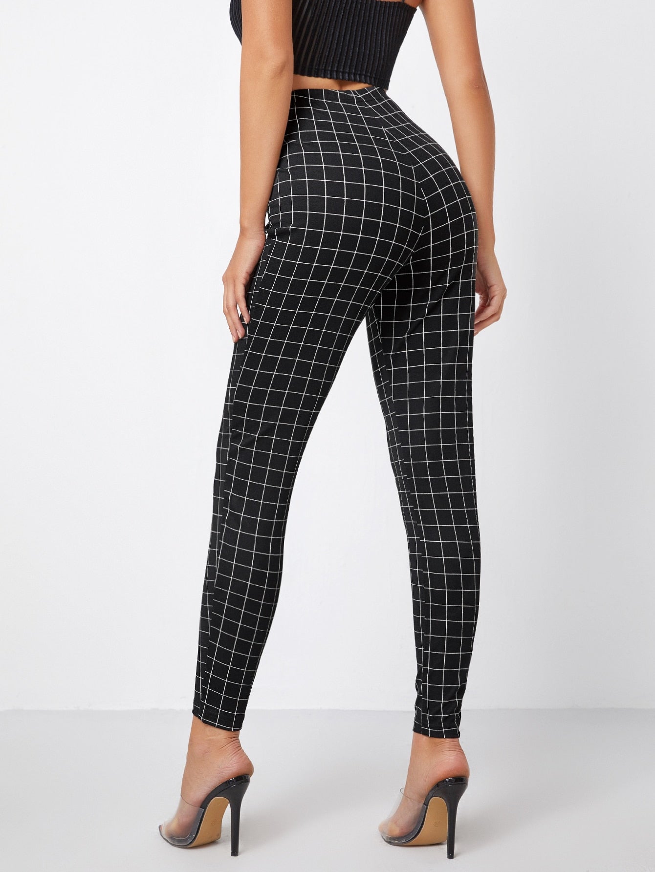 High Waist Grid Skinny Leggings